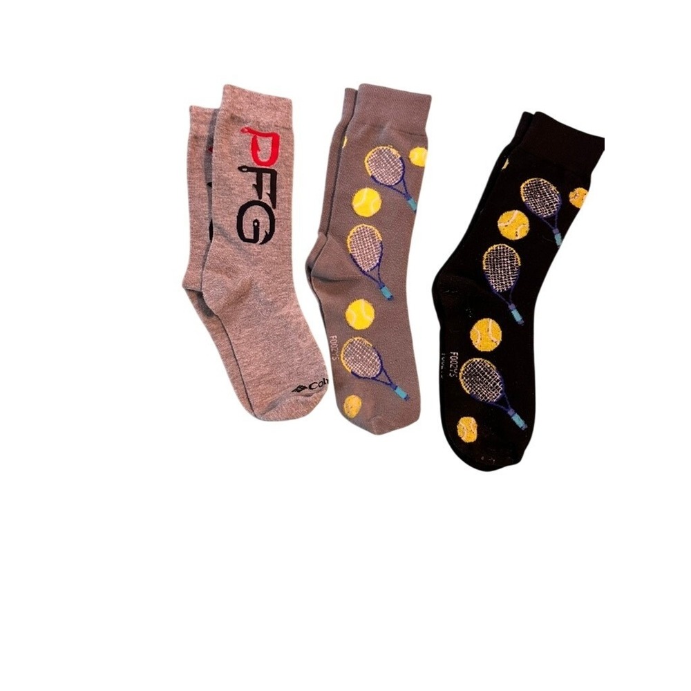 Columbia PFG & Foozys Mens Crew Socks Bundle 3 Pairs Tennis Novelty Fishing Gray